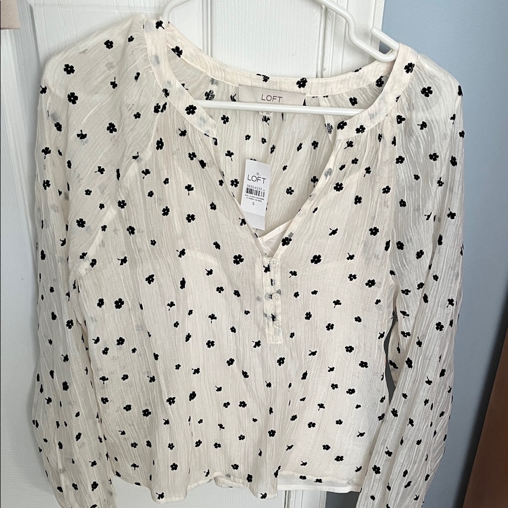 LOFT Ivory Blouse with Black Floral Design